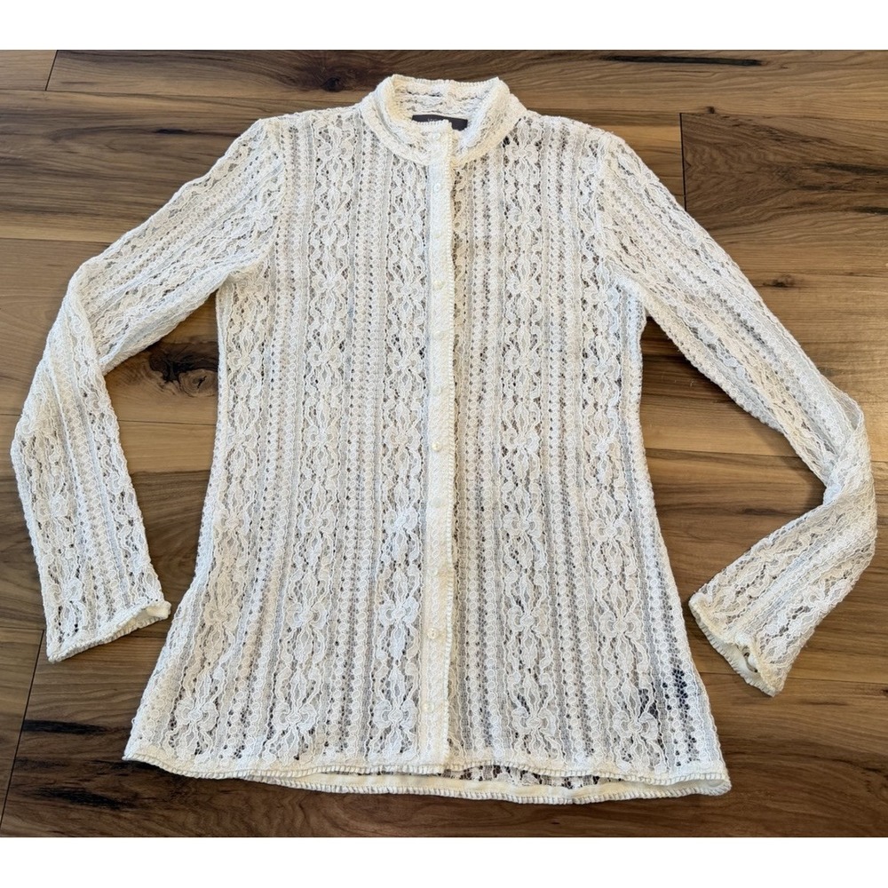 Liz‎ Claiborne Ivory Lace Blouse Sheer Romantic Victorian Style Boho Fairy Top M - Picture 2 of 14